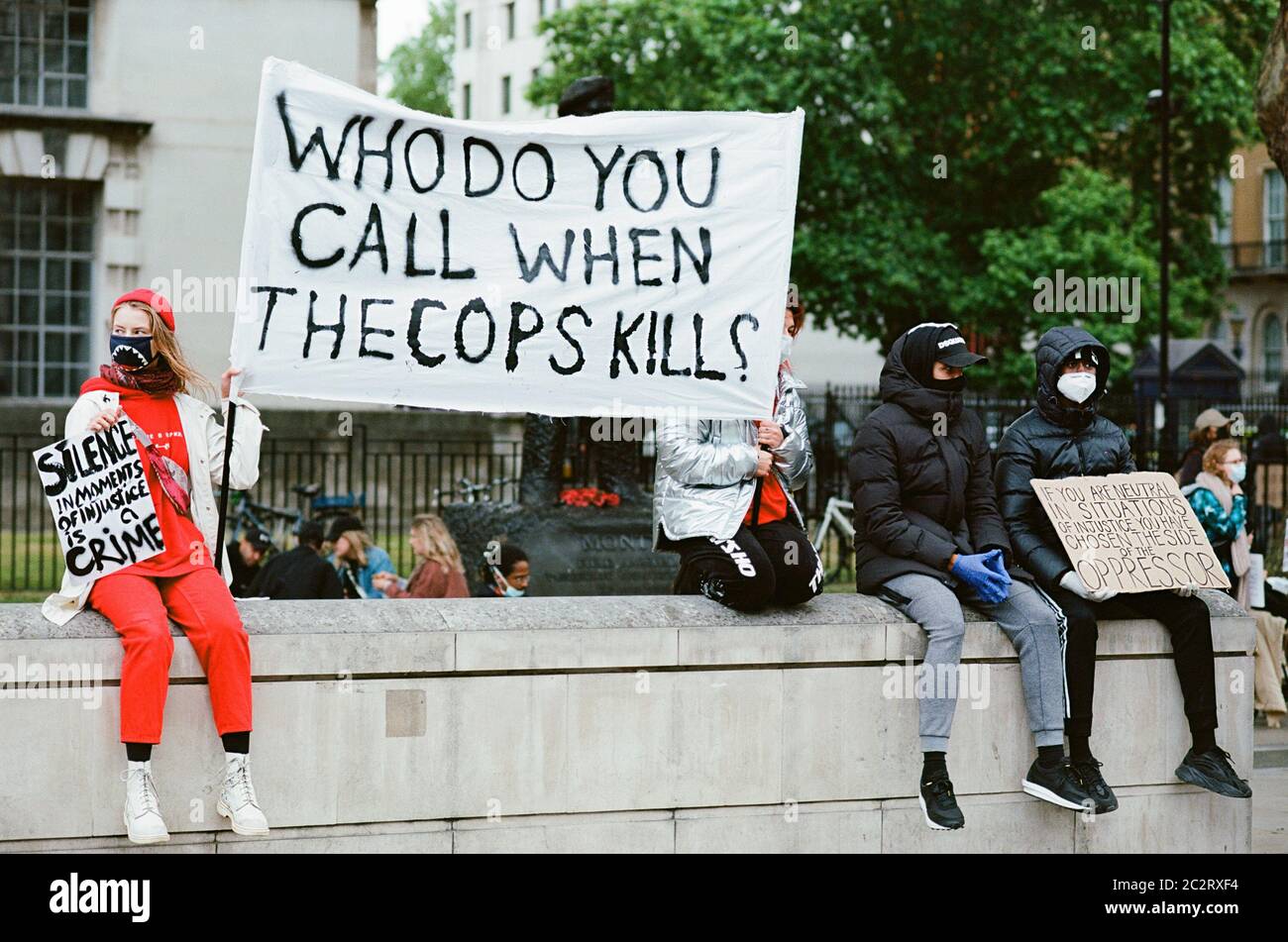 Protesters in Whitehall, Westminster, London UK, demonstrating at the Black Lives Matter protest during the coronavirus lockdown, on the 6th June 2020 Stock Photo
