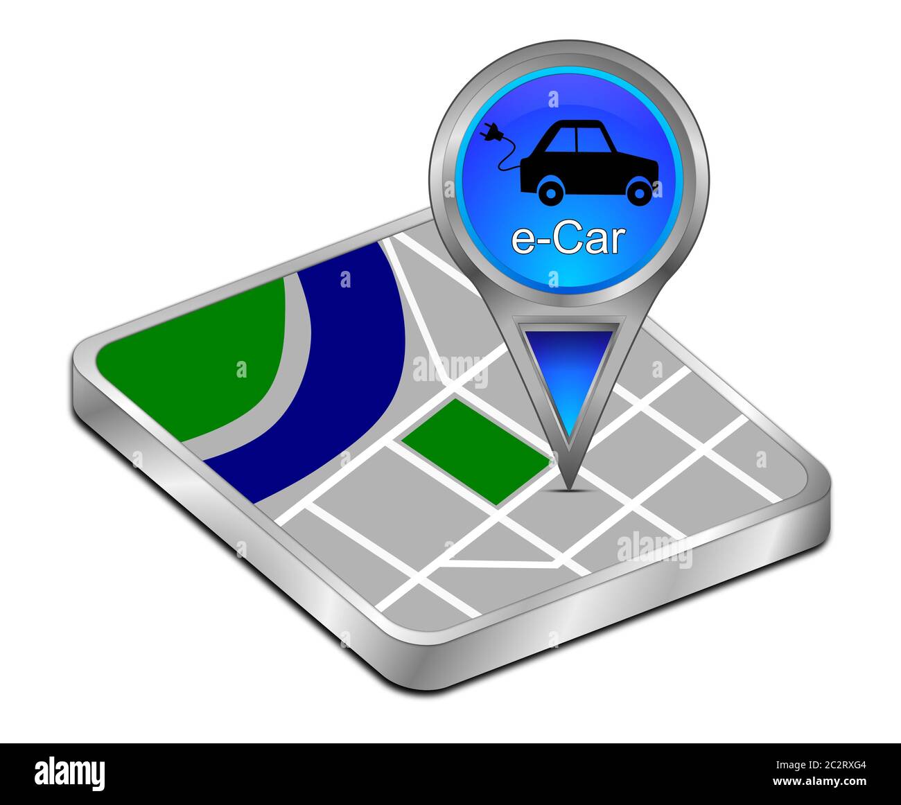 blue Map pointer with e-Car - 3d illustration Stock Photo