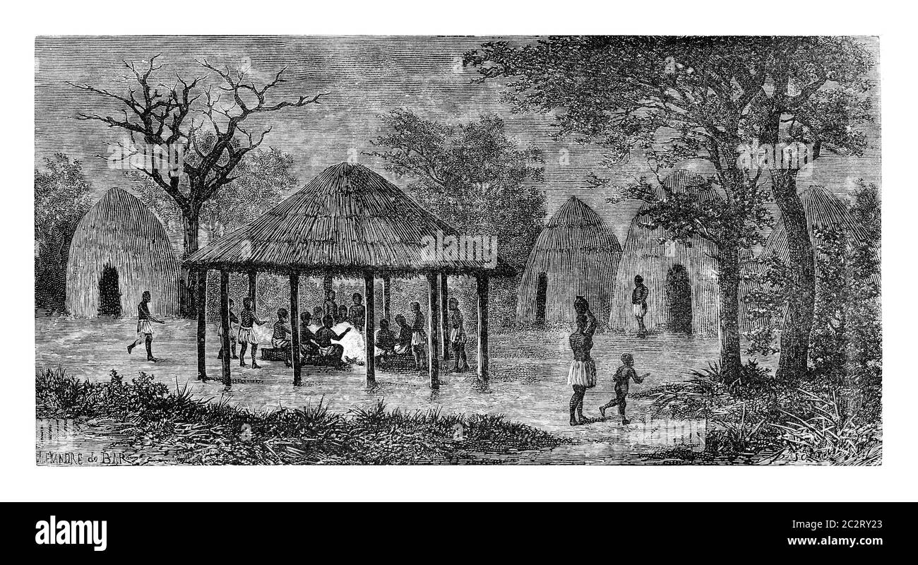At the Tribal Meeting Place in Angola, Southern Africa, drawing by De Bar based on a sketch by Serpa Pinto, vintage engraved illustration. Le Tour du Stock Photo