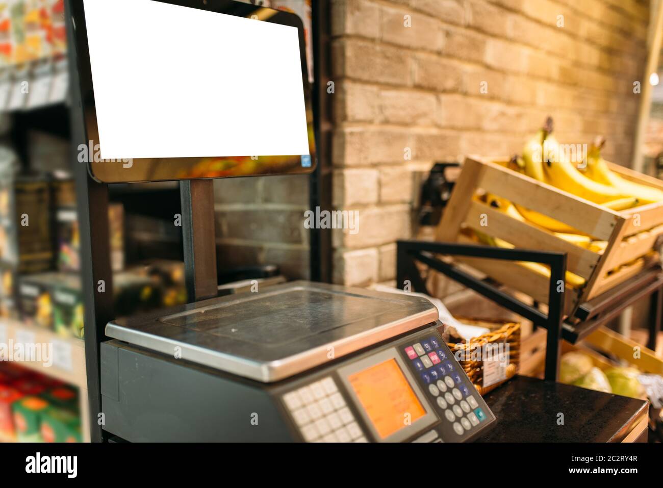 Electronic scales in food store, nobody. Product measurement, weighing ...