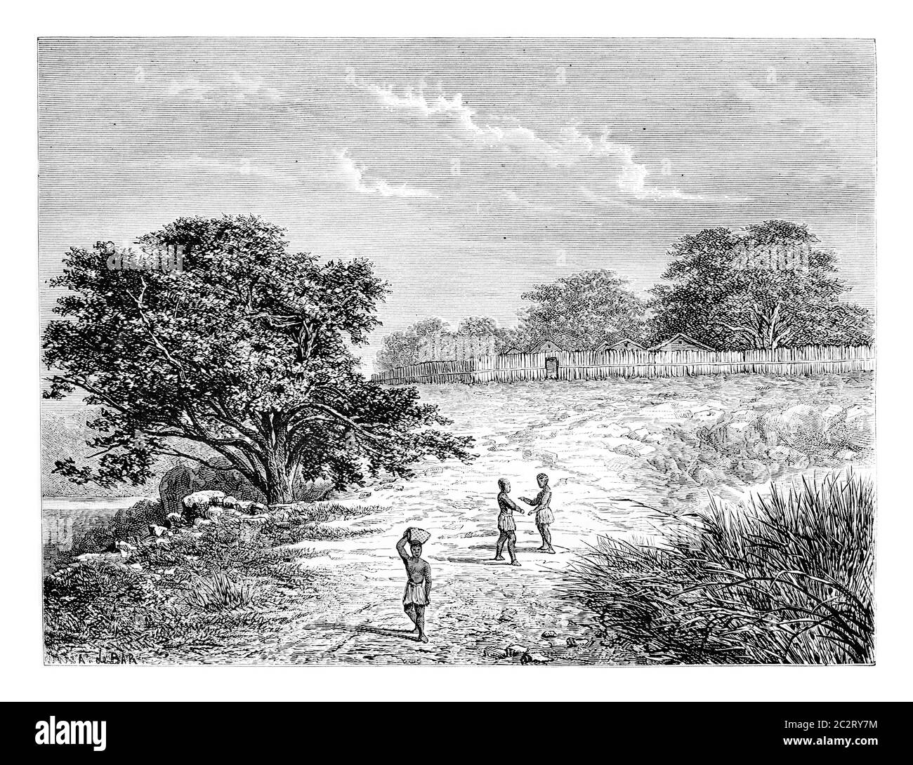 Belmonte Enclosure in Angola, Southern Africa, drawing by De Bar based on a sketch by Serpa Pinto, vintage engraved illustration. Le Tour du Monde, Tr Stock Photo