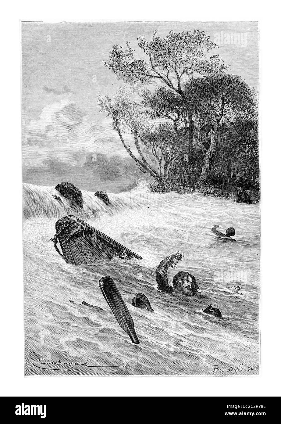 Swimming to Safety, in Angola, Southern Africa, drawing by Bayard based on a sketch by Serpa Pinto, vintage engraved illustration. Le Tour du Monde, T Stock Photo