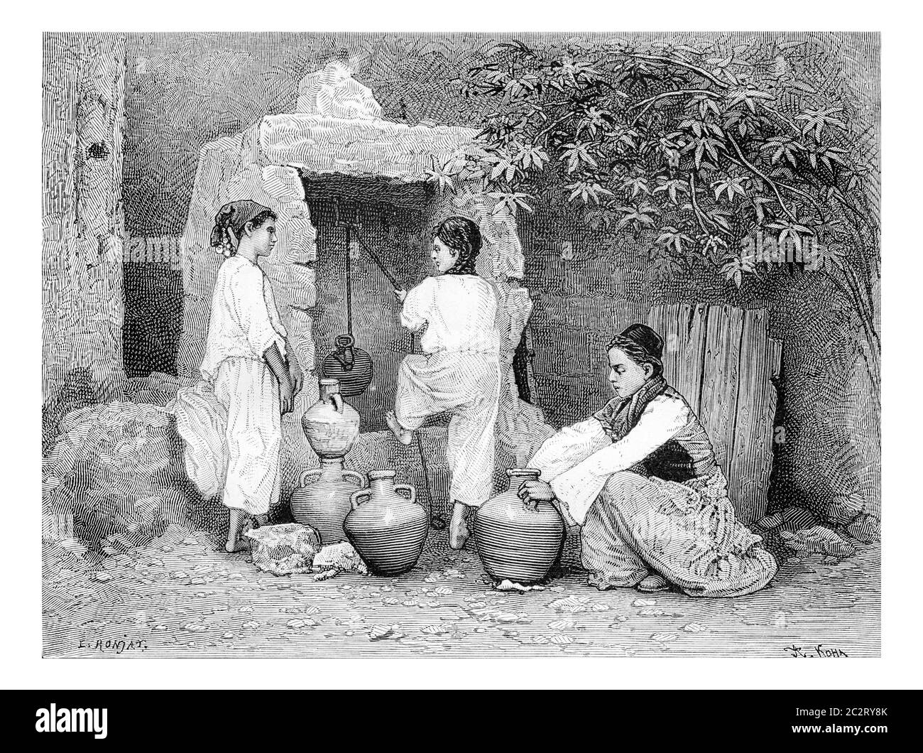 Arab Girls Drawing Water from a Well in Acre, Israel, vintage engraved illustration. Le Tour du Monde, Travel Journal, 1881 Stock Photo