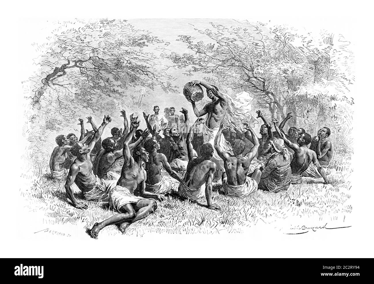 The Major and the Soothsayer, in Angola, Southern Africa, drawing by Bayard based on a sketch by Serpa Pinto, vintage engraved illustration. Le Tour d Stock Photo