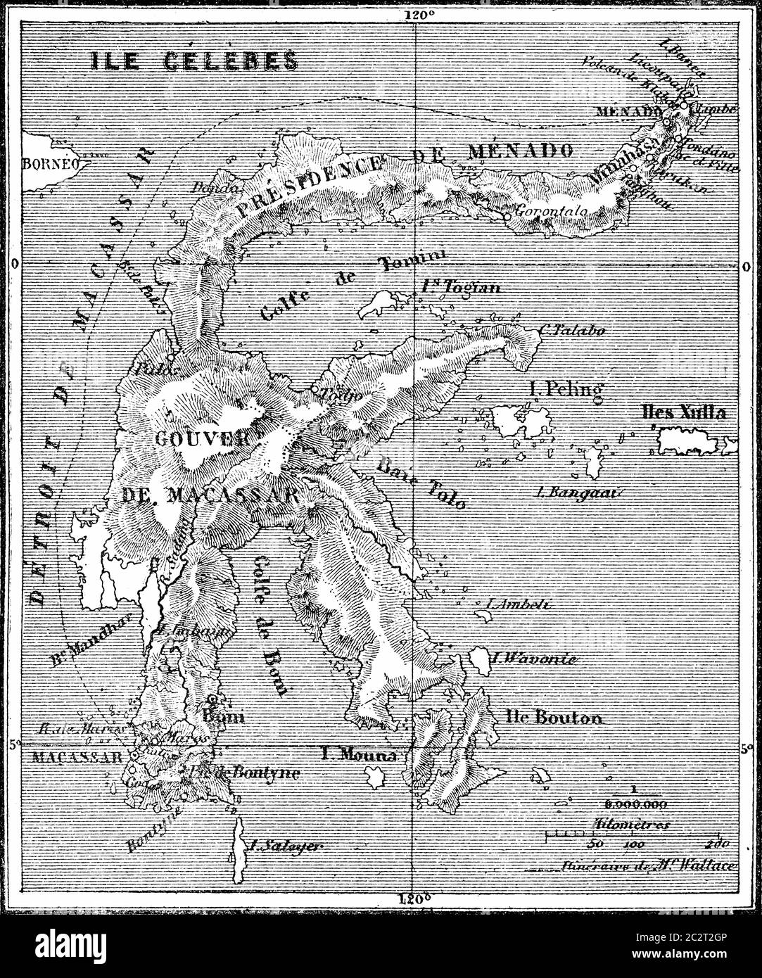 Map of Sulawesi island, vintage engraved illustration. Le Tour du Monde, Travel Journal, (1872). Stock Photo