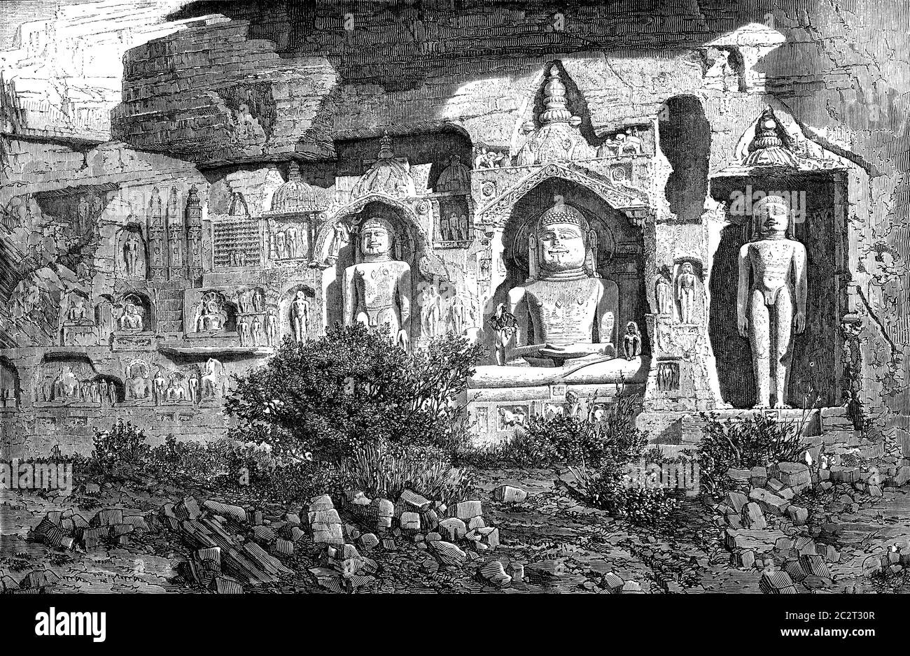 Colossi of Ourwahi, Adinath group, Gwalior. Drawing E.Therond, after a photograph of ML Rousselet, vintage engraved illustration. Le Tour du Monde, Tr Stock Photo