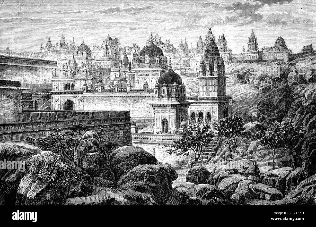 Sounghur sacred hill, view from the village, vintage engraved illustration. Le Tour du Monde, Travel Journal, (1872). Stock Photo