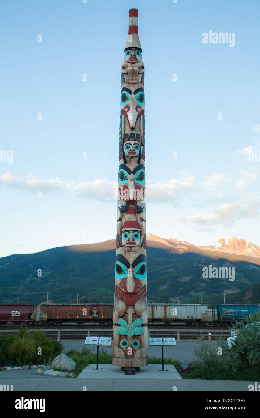 The native american totem in city of Jasper, Jasper National Park, Alberta, Canada Stock Photo
