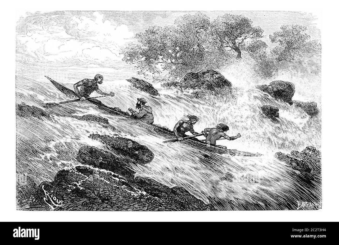 Navigating the Rapids in Oiapoque, Brazil, drawing by Riou from a sketch by Dr. Crevaux, vintage engraved illustration. Le Tour du Monde, Travel Journ Stock Photo