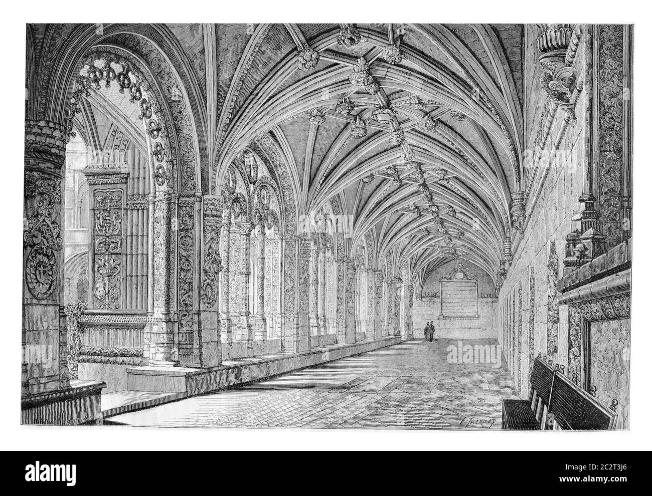 Cloister of the Santa Maria de Belem Monastery in Lisbon, Portugal, drawing by Therond based on a photograph, vintage engraved illustration. Le Tour d Stock Photo