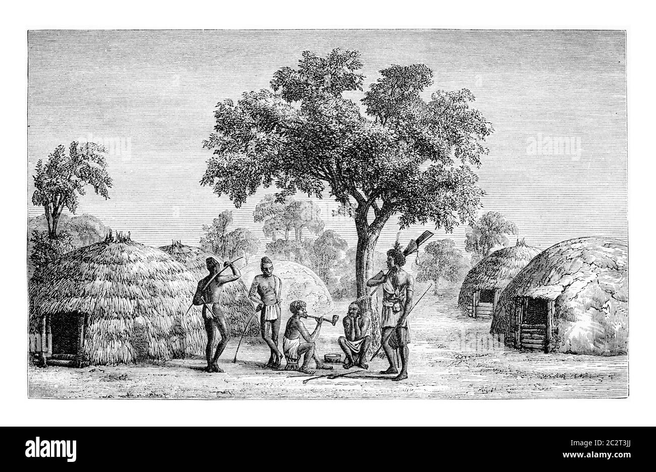 Tribesmen of Mandombe in Congo, Central Africa, drawing by Monteiro, vintage engraved illustration. Le Tour du Monde, Travel Journal, 1881 Stock Photo