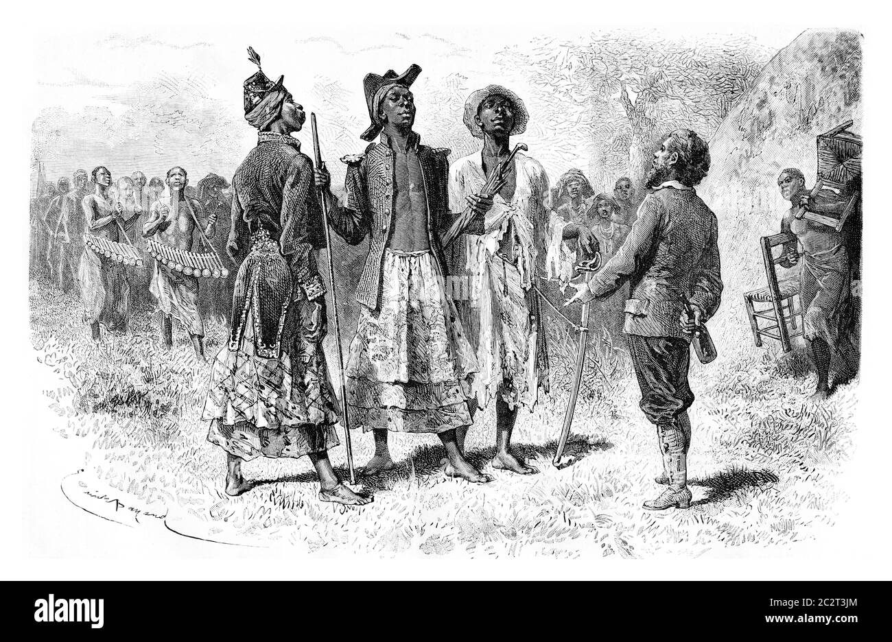 Three Princes of Dombe of the Mandombe Tribe in Congo, Central Africa, drawing by Bayard based on a sketch by Serpa Pinto, vintage engraved illustrati Stock Photo