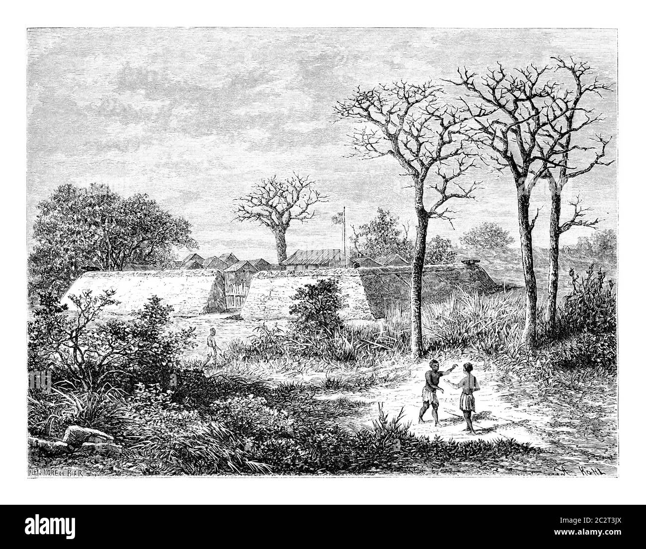 Caconda in Angola, Southern Africa, drawing by De Bar based on a sketch by Serpa Pinto, vintage engraved illustration. Le Tour du Monde, Travel Journa Stock Photo