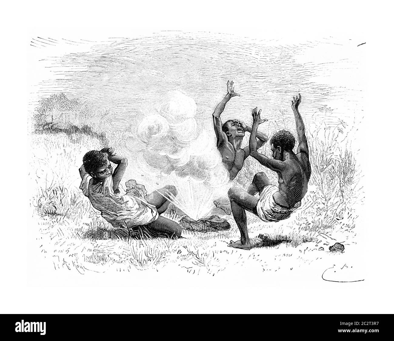 A Bullet Explodes on Three Natives in Angola, Southern Africa, drawing by Bayard based on a sketch by Serpa Pinto, vintage engraved illustration. Le T Stock Photo