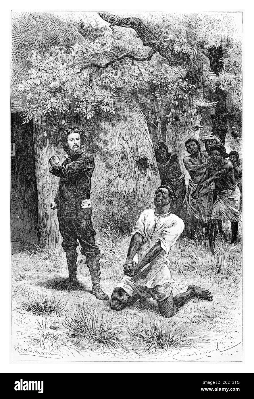 Aogousto Begs for Mercy in Front of Major Serpa Pinto in Angola, Southern Africa, drawing by Bayard based on a sketch and writings by Serpa Pinto, vin Stock Photo