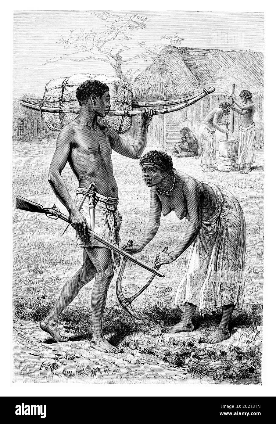 Man and Woman from Bie in Angola, Southern Africa, drawing by Maillart based on the English edition, vintage engraving. Le Tour du Monde, Travel Journ Stock Photo