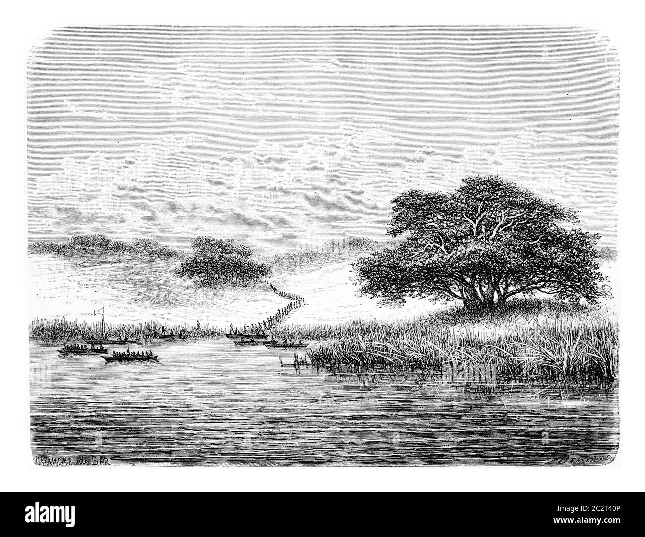 Crossing the Kwanza River, in Angola, Southern Africa, drawing by De Bar based on the English edition, vintage illustration. Le Tour du Monde, Travel Stock Photo