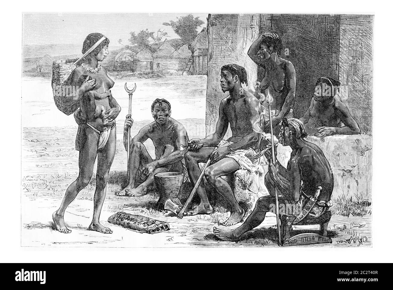 Men, Women and Tools of the Luchazes, in Angola, Southern Africa, drawing by Maillart based on the English edition, vintage illustration. Le Tour du M Stock Photo