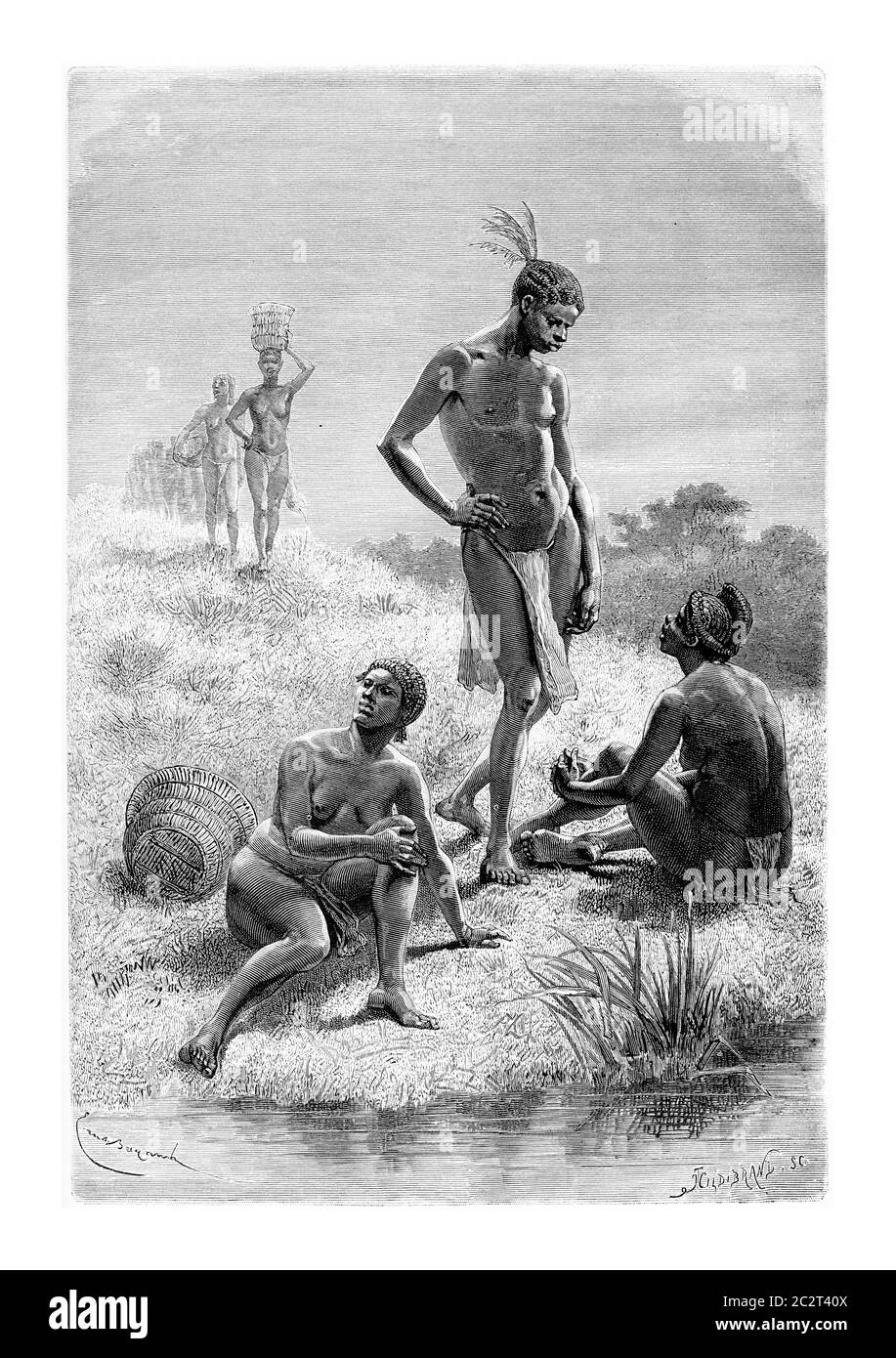 Man and Woman from Quimbandes in Angola, Southern Africa, drawing by Bayard based on the English edition, vintage illustration. Le Tour du Monde, Trav Stock Photo