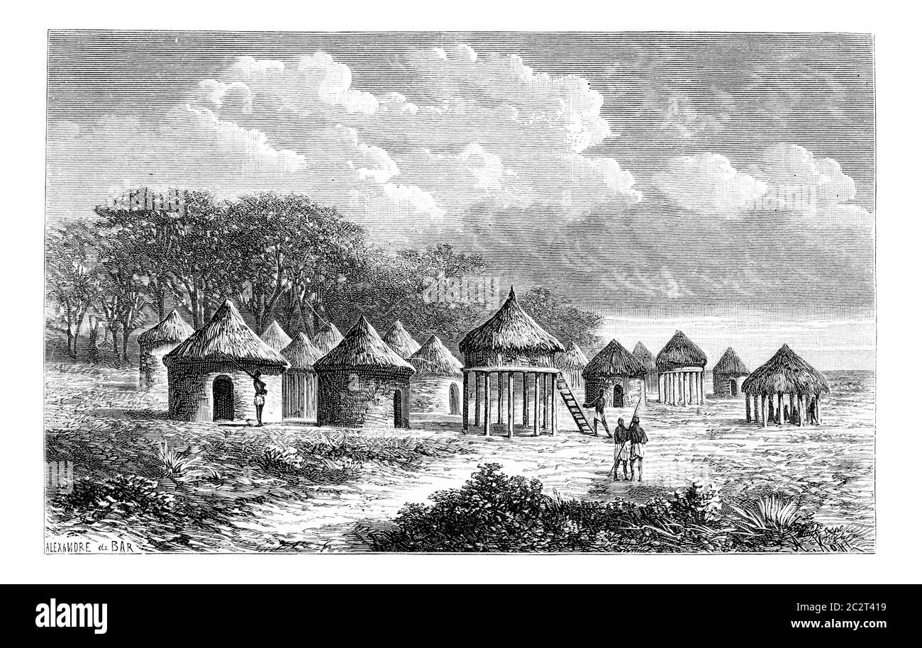Cambouta Village, in Angola, Southern Africa, drawing by De Bar based on the English edition, vintage illustration. Le Tour du Monde, Travel Journal, Stock Photo