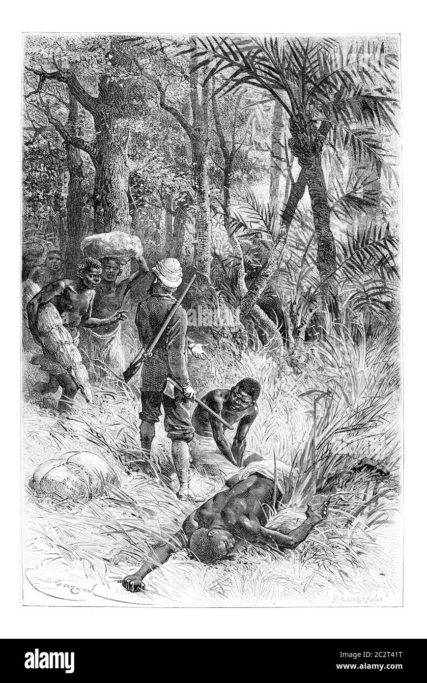 Ambouelan Hunter and His Wife and Children, in Angola, Southern Africa, drawing by Maillart based on the English edition, vintage illustration. Le Tou Stock Photo
