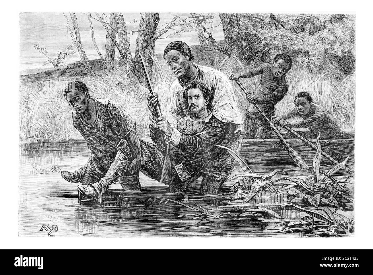 Aogousto and Son Carrying the Major Over the Marsh, in Angola, Southern Africa, drawing by Maillart based writings, vintage illustration. Le Tour du M Stock Photo