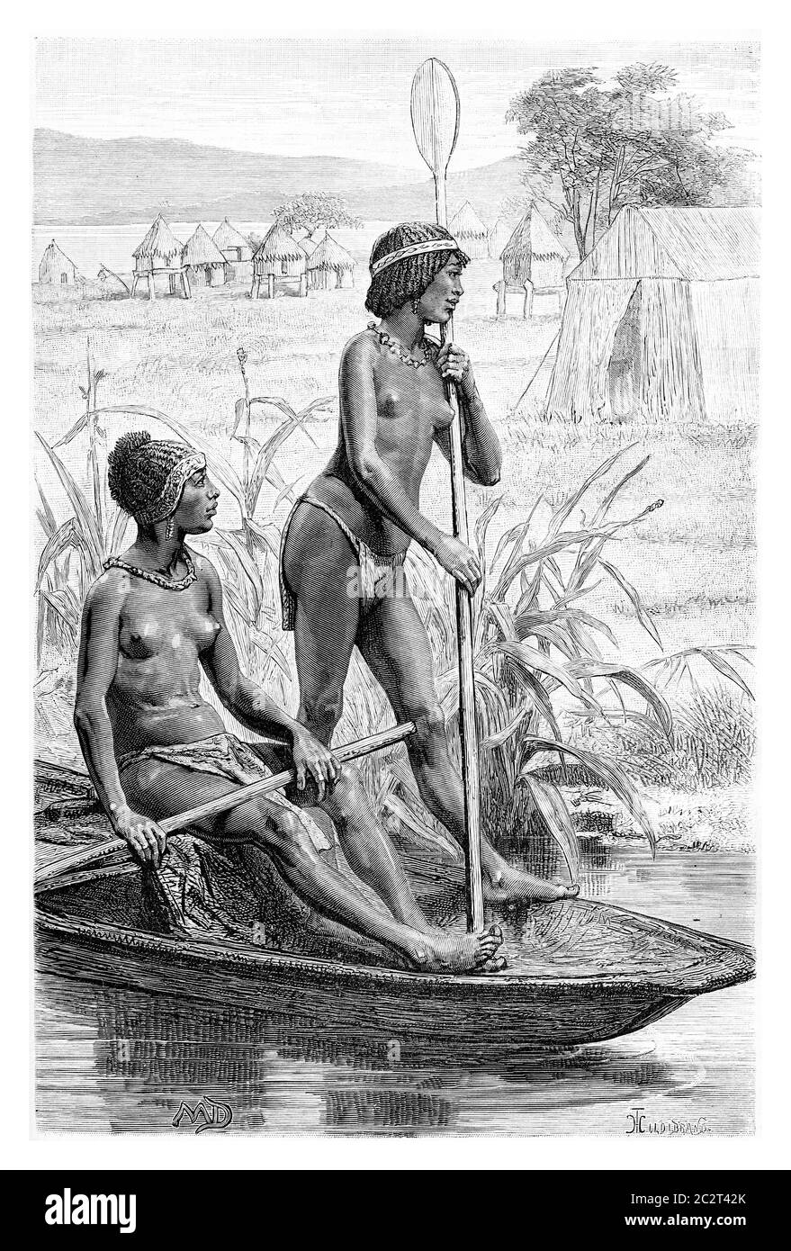 Opoudo and Capeo on a canoe, in Angola, Southern Africa, drawing by maillart based on the English edition, vintage illustration. Le Tour du Monde, Tra Stock Photo