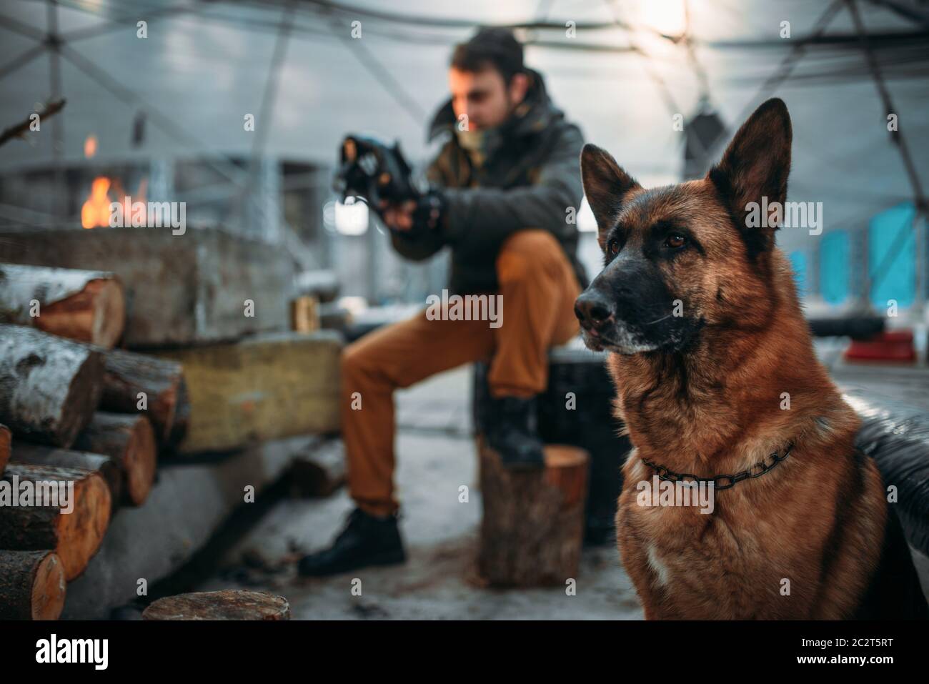 Stalker measures the radiation level in nuclear explosion zone against his dog. Post apocalyptic lifestyle on ruins, doomsday, judgment day Stock Photo