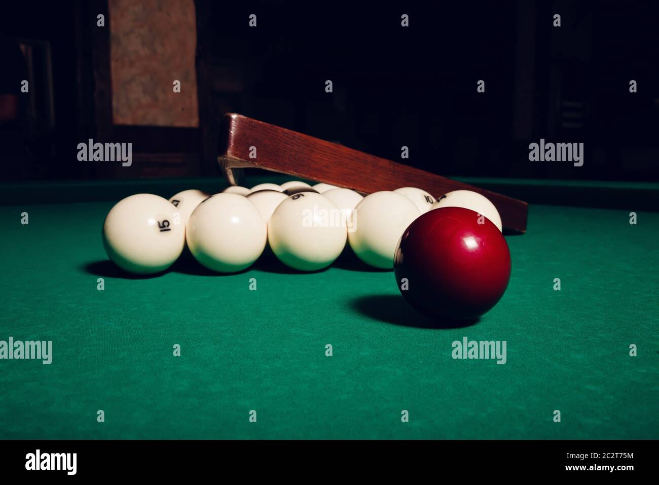 Billiard items on the table balls, stick and triangle Stock Photo Alamy