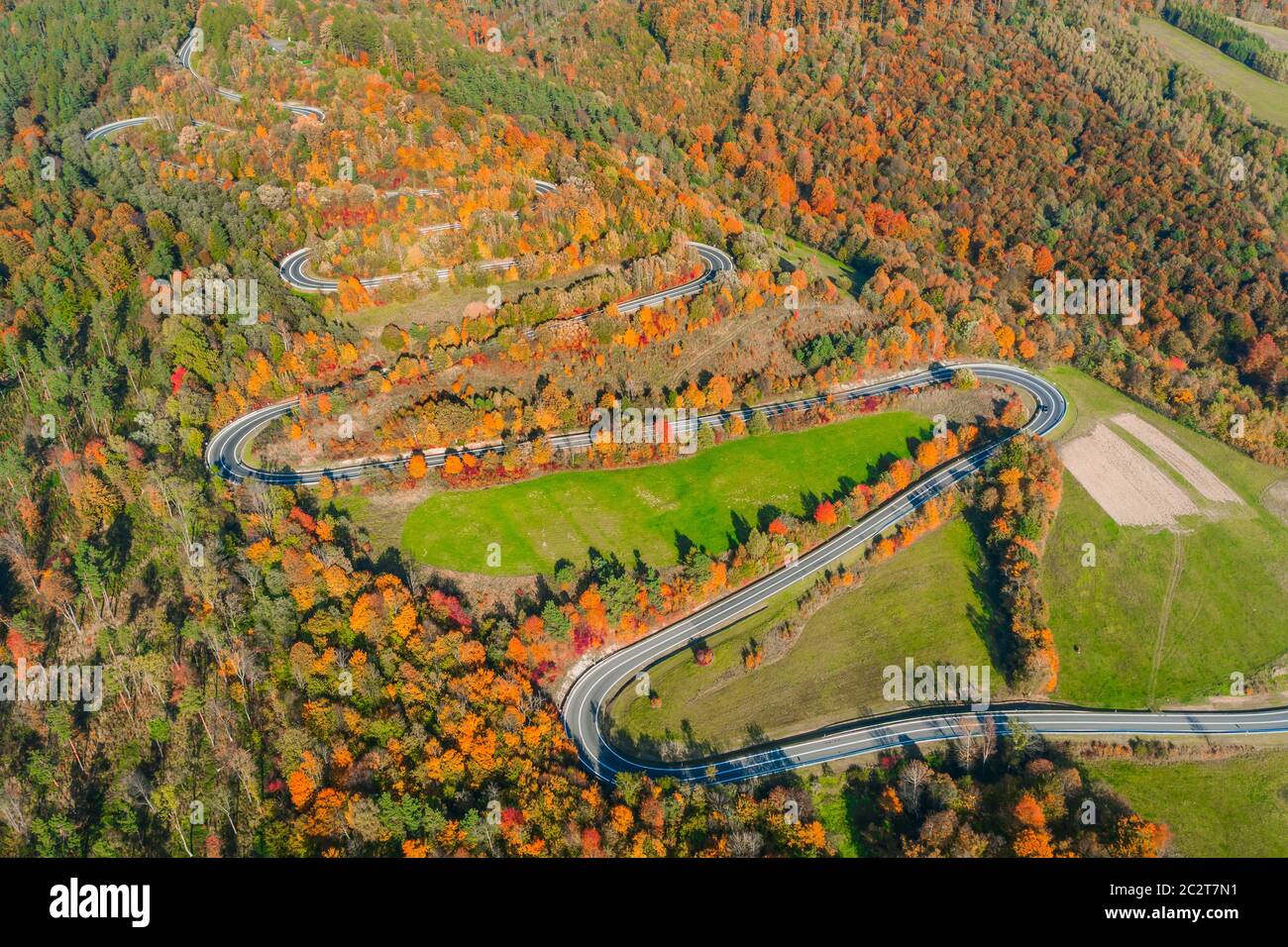 Road in autumn scenery - aerial shot Stock Photo