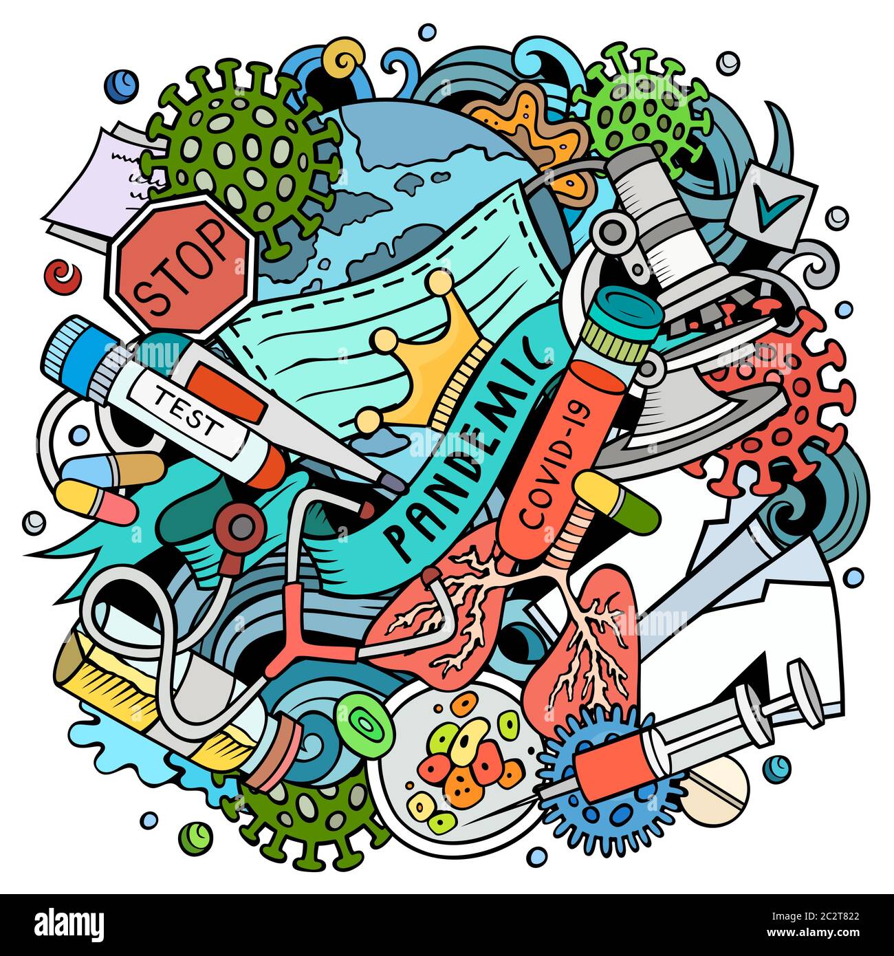 Cartoon vector doodles Pandemic illustration. Bright colors epidemic