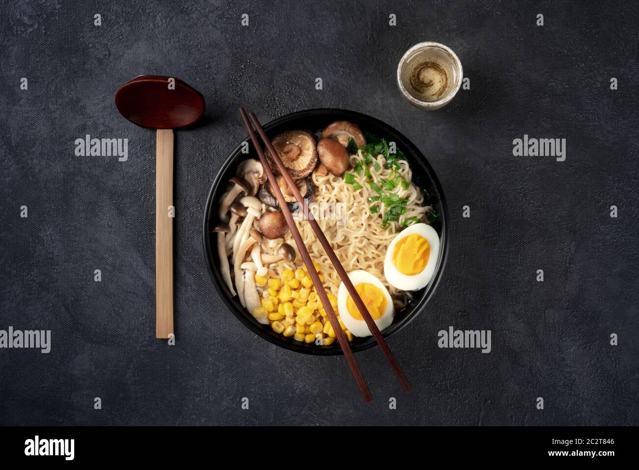 Ramen. Soba noodles with eggs, shiitake mushrooms, and vegetables, top