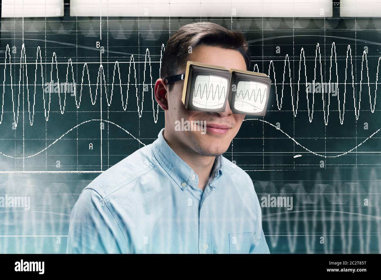 Male person in glasses with radio waves, drawings with electromagnetic pulses on background Stock Photo