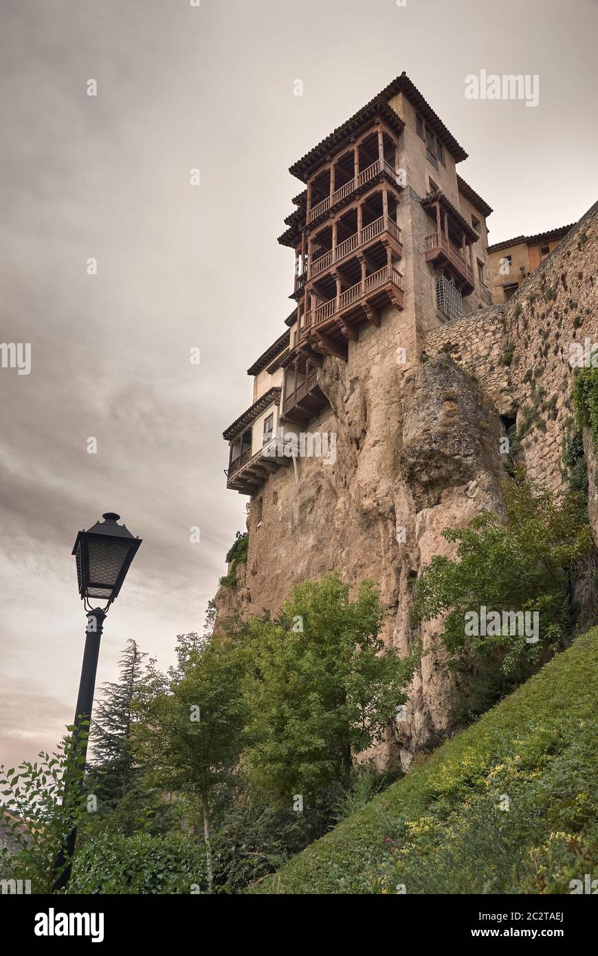 hanging houses of Cuenca. Set of civil houses that have a cantilever or large balconies, protruding from a cliff above the Huecar river. Stock Photo