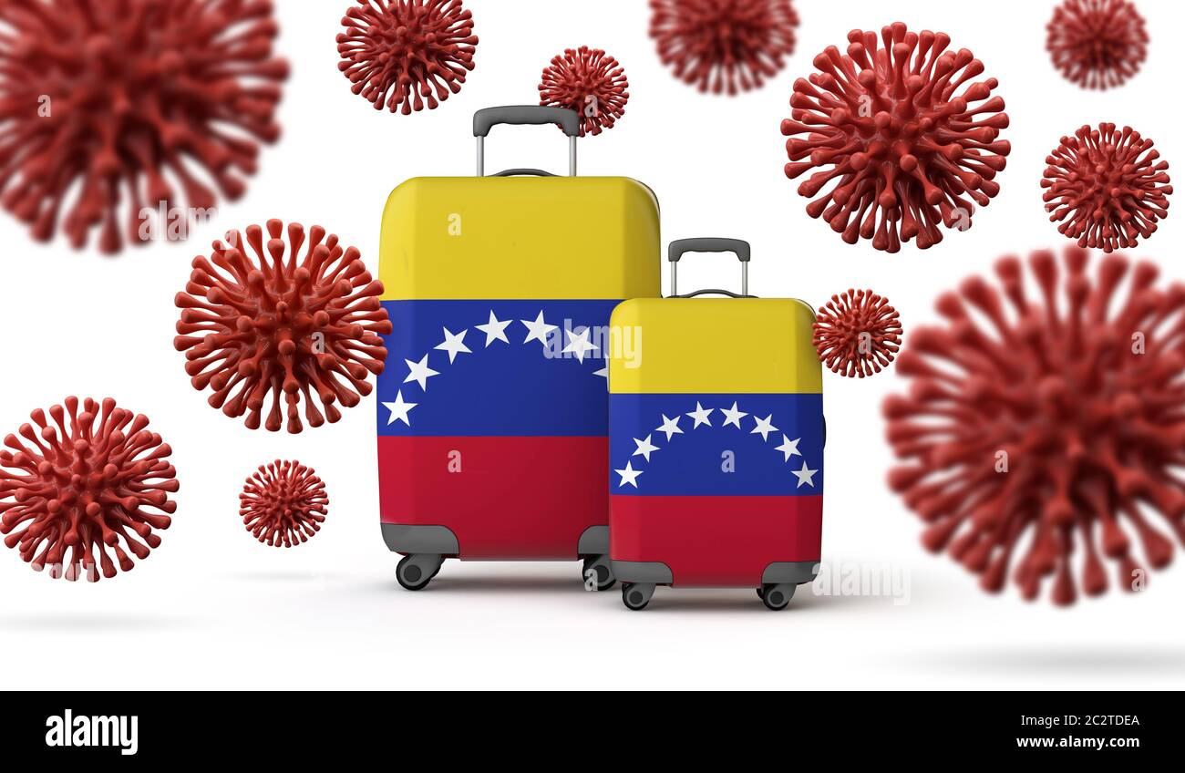 Venezuela flag travel suitcases with coronavirus. 3D Rendering. Stock Photo