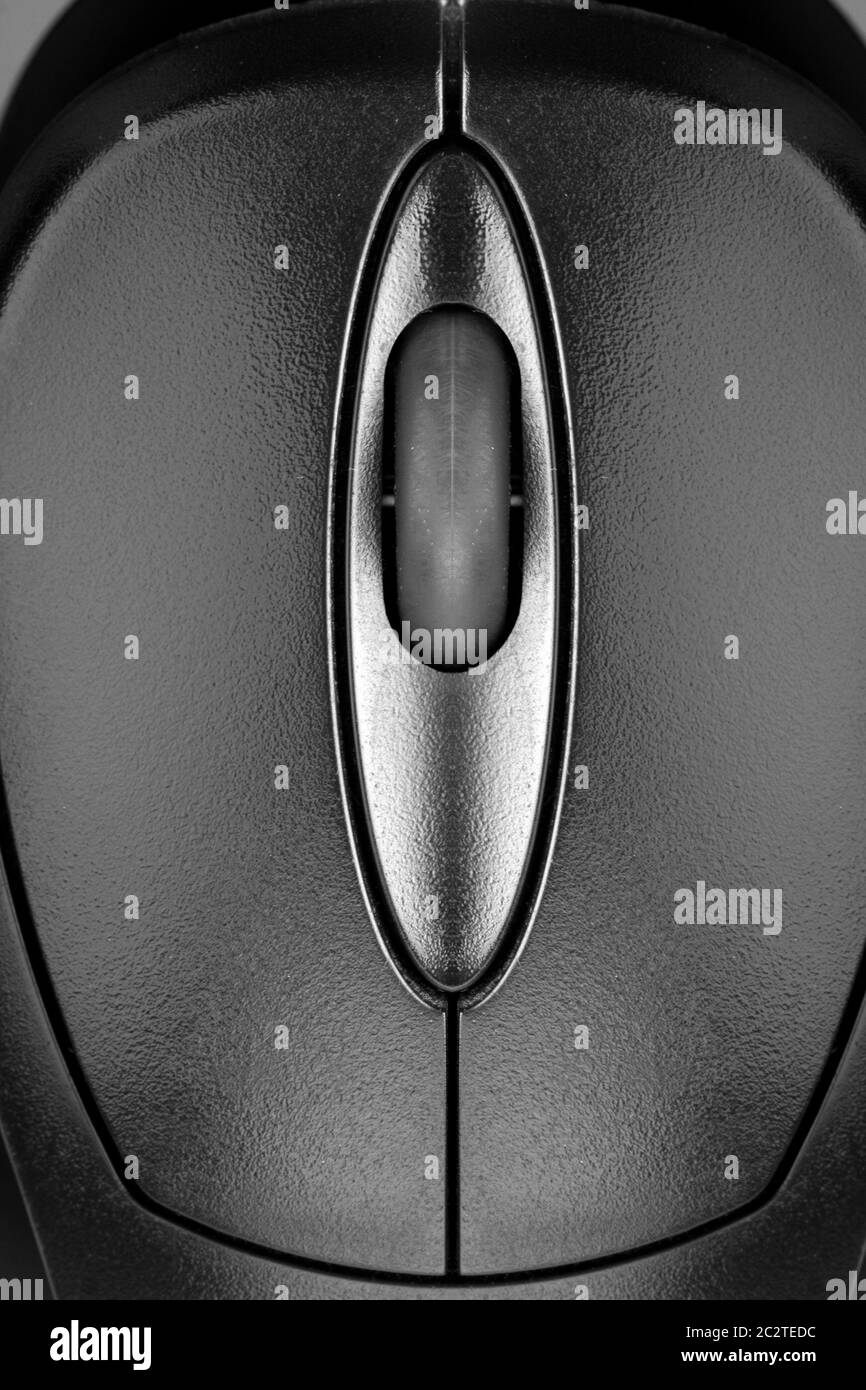 Computer mouse on reflective grey surface. In B/W Stock Photo