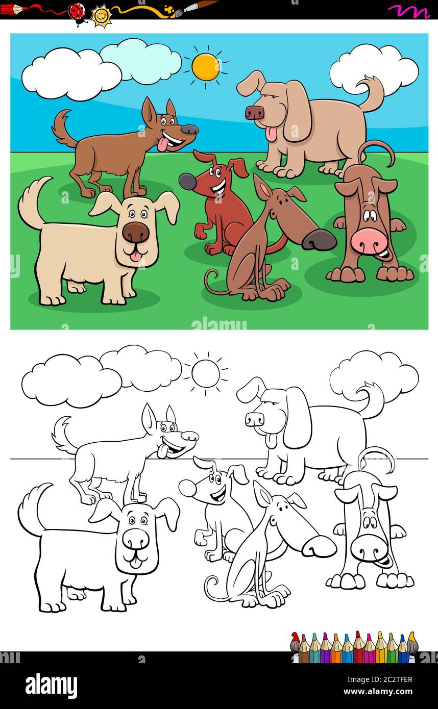 playful dogs animal characters group color book Stock Photo - Alamy