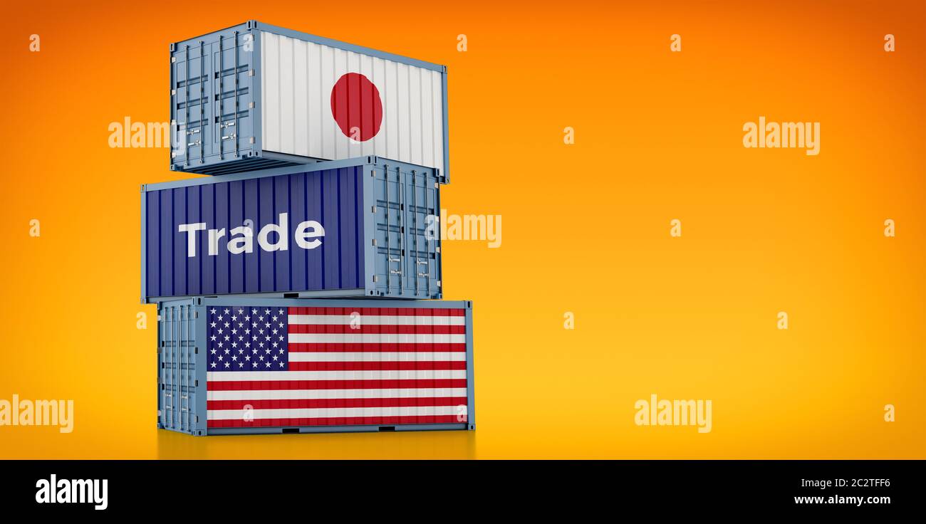 Shipping containers with USA and Japan flag. 3D Rendering Stock Photo