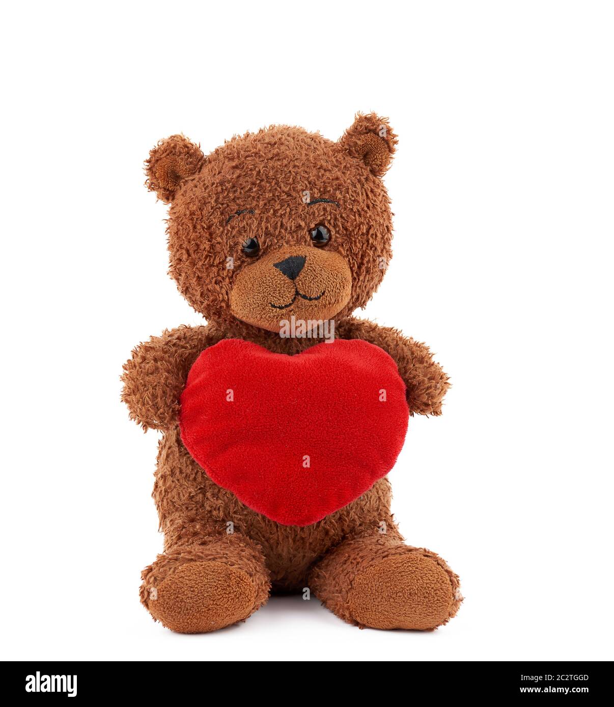 cute brown teddy bear holding a big red heart and sits on an isolated ...