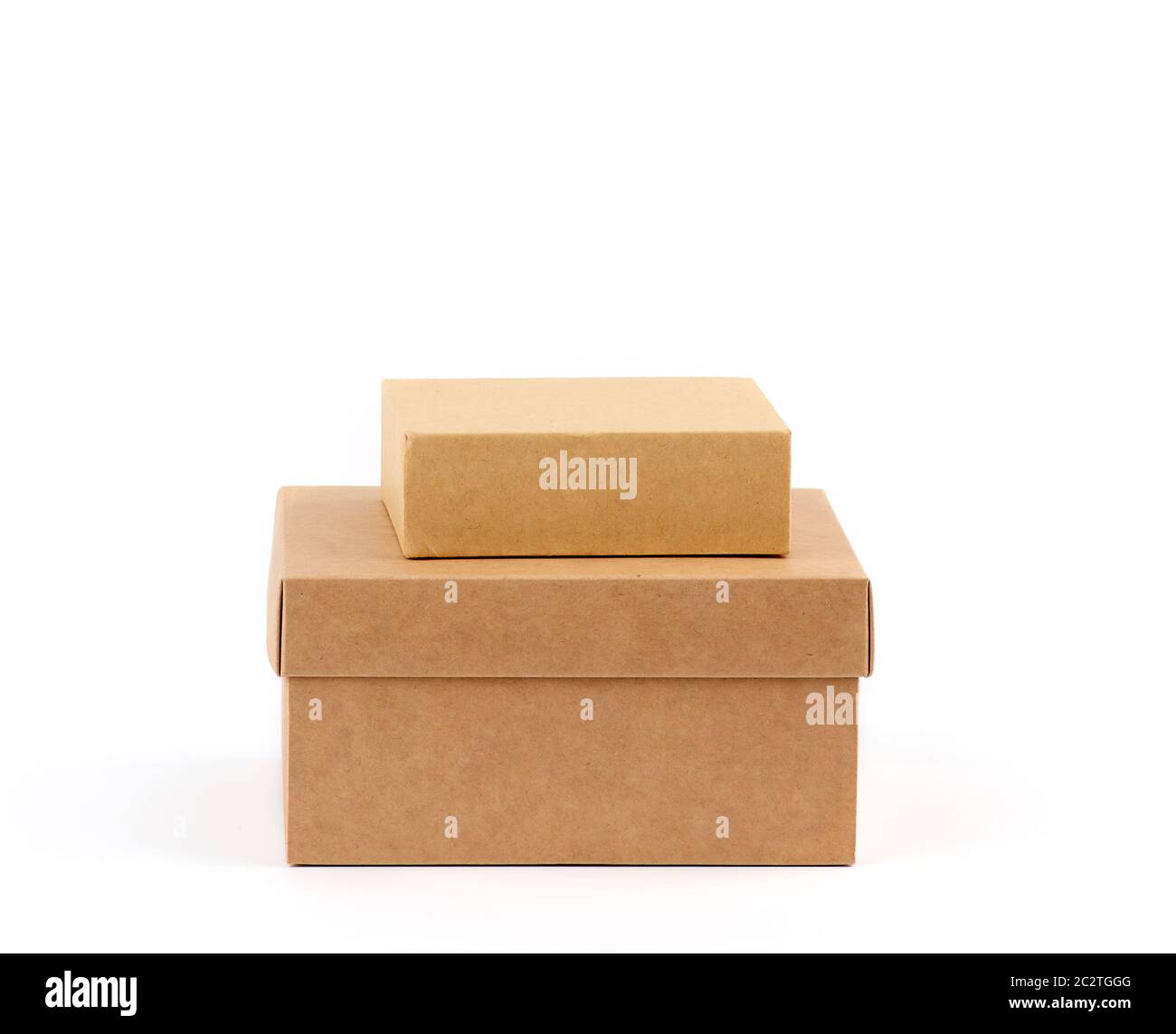 two brown cardboard boxes on a white background,  close up Stock Photo