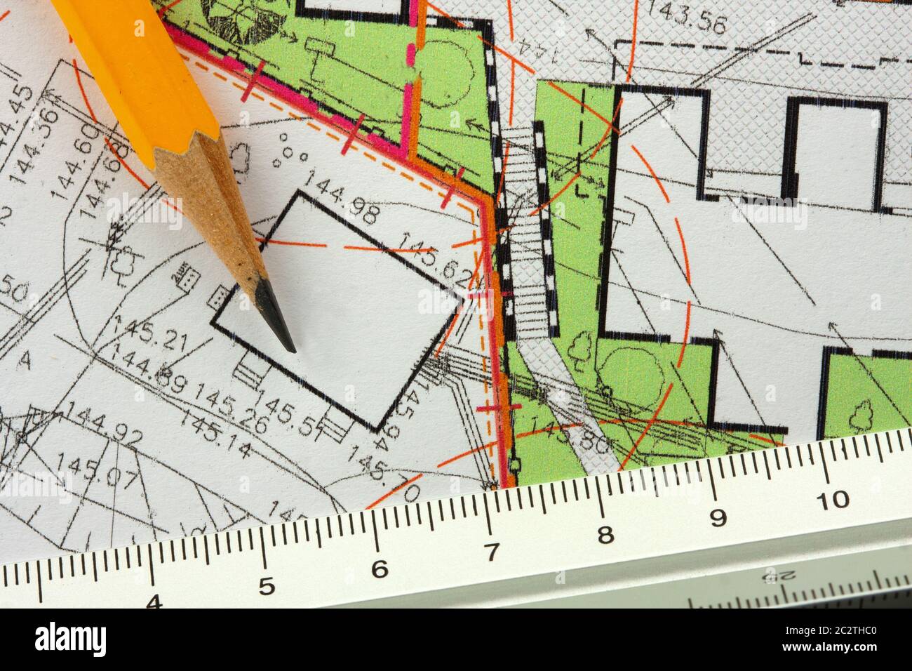 Pencil and ruler on architectural general plan Stock Photo