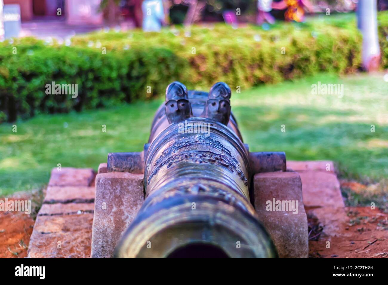 Iron sights/artillery sights and the barrel of an antique cannon at Chowmahalla Palace at Hyderabad, Telangana, India. Stock Photo
