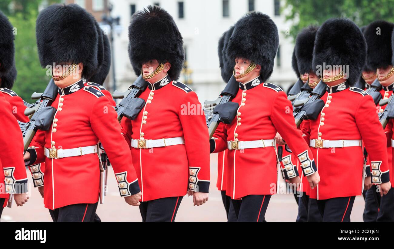 Guardsmen march during the Colonel's Review in London, England ahead of the Trooping the Colour parade, UK Stock Photo