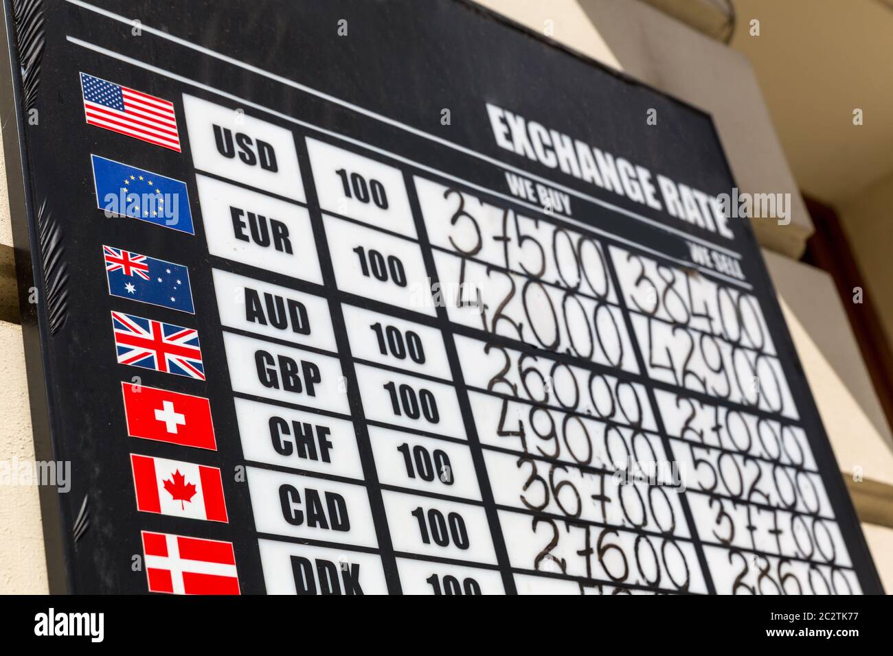 Exchange rate board with multiple currencies. Money sell information