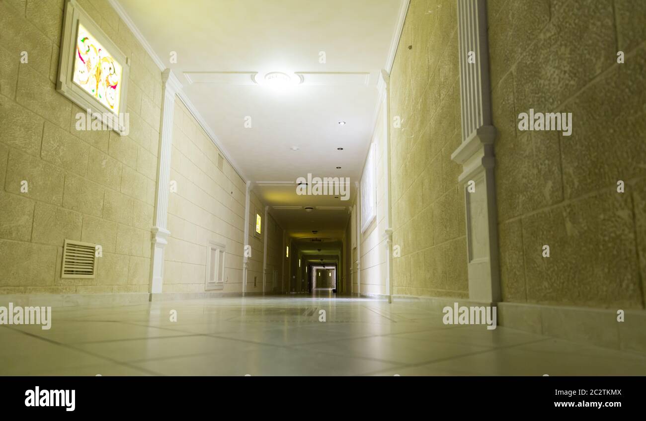 Long vintage corridor interior.  Wide view Stock Photo