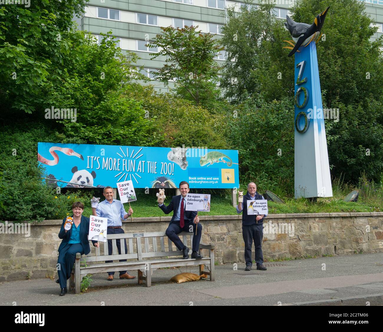 Edinburgh, Scotland, UK. , . Pictured: (left-right) Edinburgh MSPs: Ruth Davidson, Alex Cole-Hamilton, Daniel Johnson and Andy Wightman, seen campaigning on the steps of the zoo with posters and animal puppets for the safe re-opening of Edinburgh Zoo as part of phase 2 easing of lockdown restrictions. Credit: Colin Fisher/Alamy Live News Stock Photo