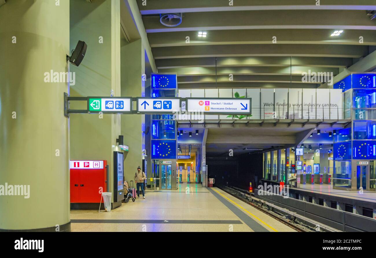 The European Quarter of the Brussels -  Region of  Belgium, 1 January 2020: the new station of the renewed contemporary metro Robert Schuman (undergro Stock Photo