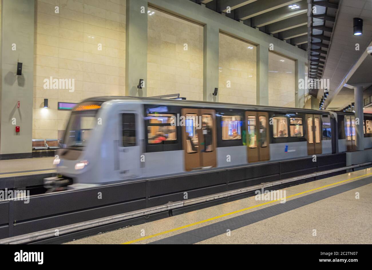 The European Quarter of the Brussels -  Region of  Belgium, 1 January 2020: the new station of the renewed contemporary metro Robert Schuman (undergro Stock Photo
