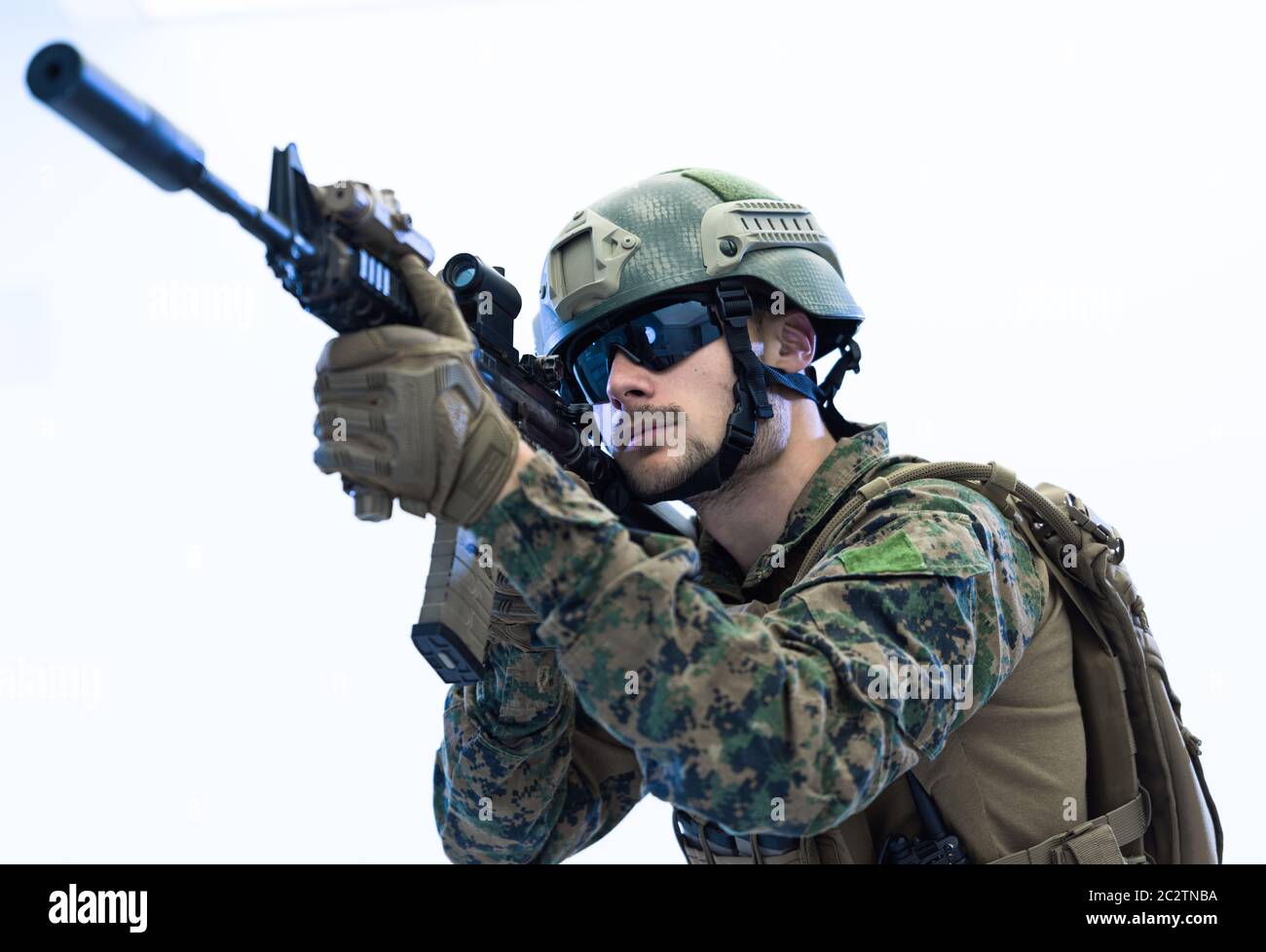 soldier aiming laseer sight optics white background Stock Photo - Alamy