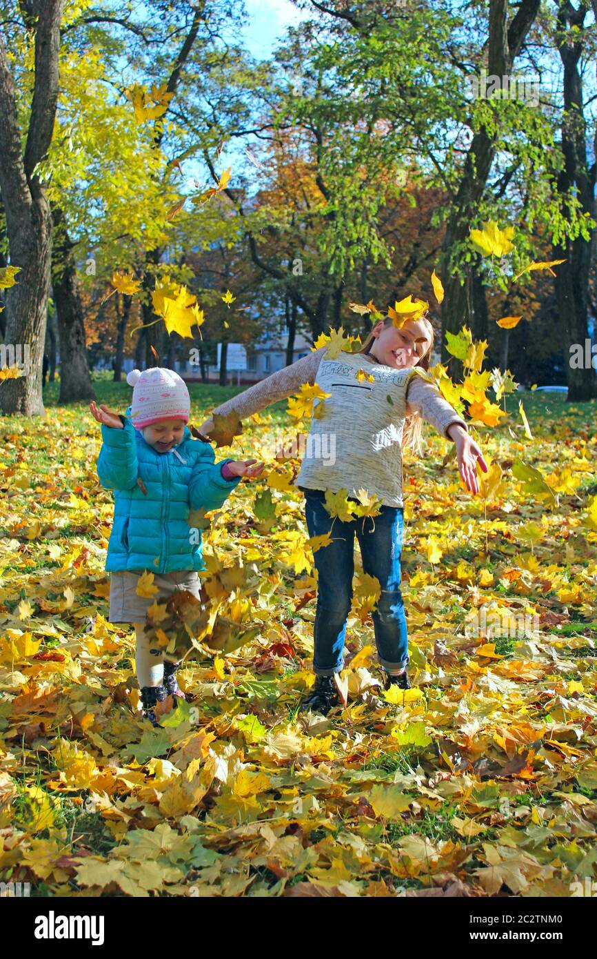 Young pretty sisters jump on yellow leaves in autumn park. Childs with autumn leaves. Little girls Stock Photo
